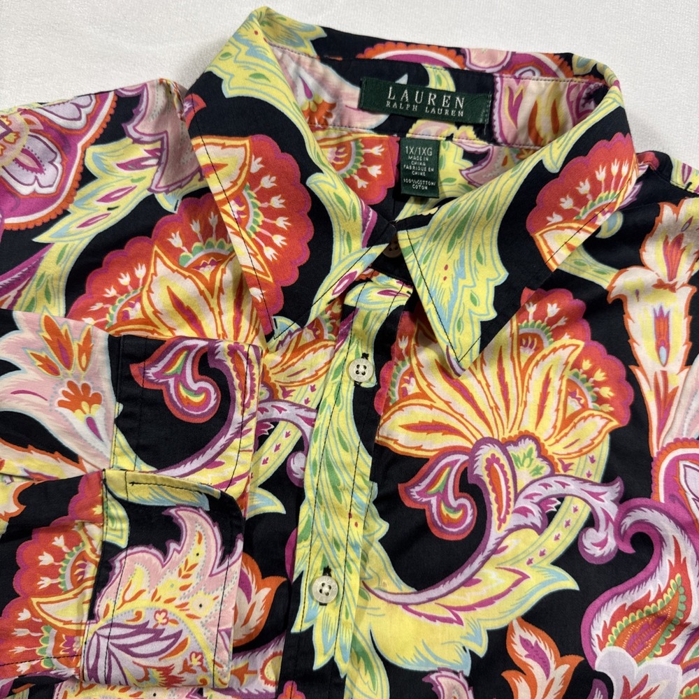 Lauren Ralph Lauren Shirt Women 1X Plus Colorful Cotton Floral Bright Art Blouse